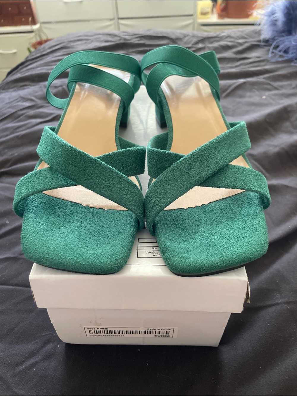 New Emerald Green Suede Strappy Block Heel Sandals - Size 38
